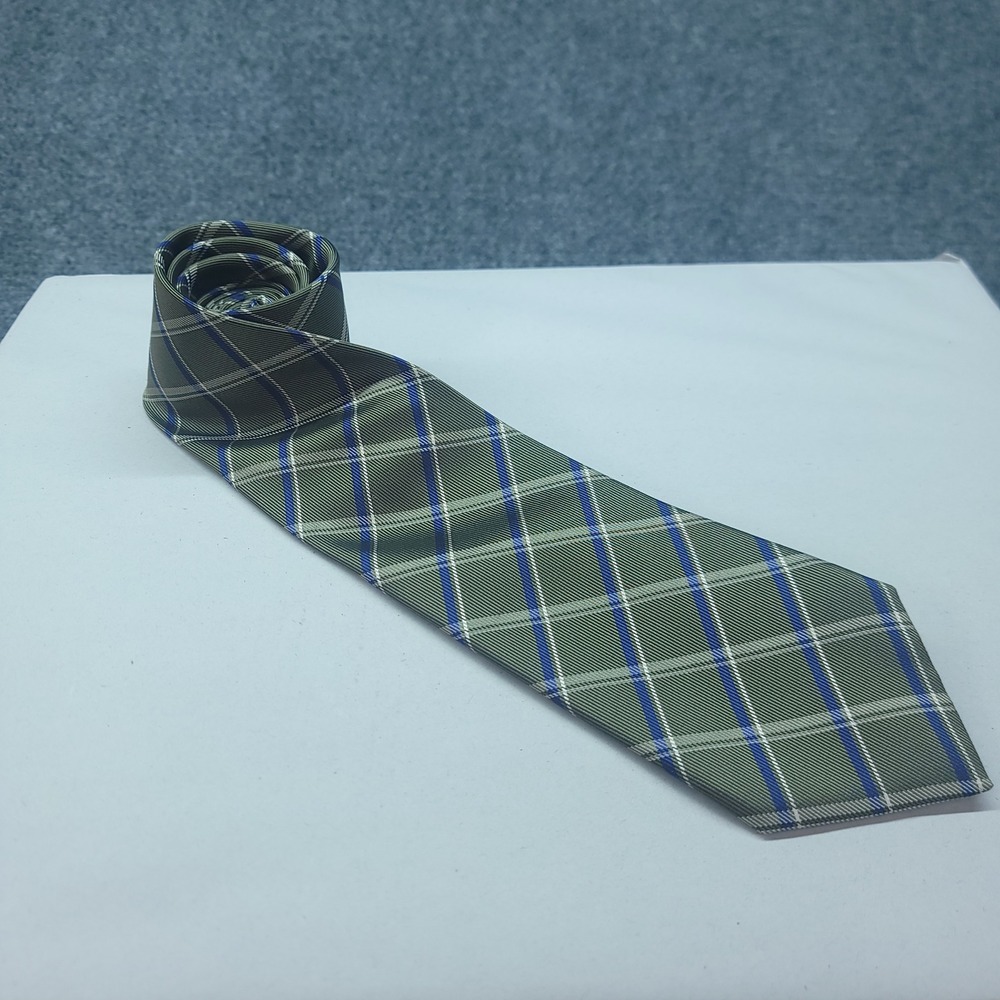 Vintage 90s Chaps Mens Silk Necktie Olive Green Blue White Plaid Hand Made Tie